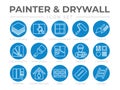 Round Outline Painter and Drywall Icon Set with Plasterboard, Paint Roller, Brush, Painter Color Palette, Painting, Wall, Plaster