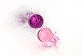 Round palette dry crushed purple and pink eyeshadow as sample of cosmetic product on white background