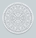 Round paper lace doily, greeting card. Decorative, geometric vector snowflake, mandala. Circle crochet ornament, eps 10.