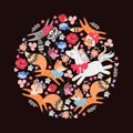 Round pattern with cherrful animals: kitten, foxes, raccoon and unicorn. Lily, poppy, rose flowers, berries, leaves and hearts