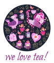 Round pattern with chickens family, teapot, cups of tea, pastry and flowers and text `We love tea!`. Royalty Free Stock Photo