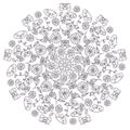 Round pattern of abstract flowers and leaves for coloring book page. Monochrome mandala for relaxation.