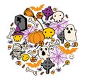 Round pattern for Halloween in cartoon style. round bright doodle template with ghosts, mummies, skulls, cobwebs and bats, Royalty Free Stock Photo