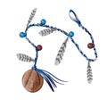 Round pendant made of clay on rope with feathers isolated on white background. The symbol of the religion of witches