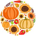 Round picture of pumpkins, sunflowers and vegetables.