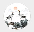 Round pine crane, year-end ink painting Royalty Free Stock Photo