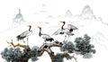 pine crane year-end ink painting Chinese painting Royalty Free Stock Photo