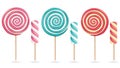 Round Pink Lollipop Set Vector. Cream Marshmallow On Stick. Sweet Realistic Candy Spiral Isolated Illustration