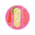 Round pink lunch box with fresh carrot, boiled sausage and rice with lettuce leaf. Plastic tray with delicious meal