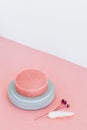 Round pink soap in a concrete soap dish on a pink background. Top view.