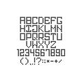 Round pixel font with letters and numbers and special characters in the dots style of old 8-bit video games, digital type for 80s