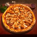 Round pizza with cheese, basil, chicken, spices on a wooden kitchen board. Around the decoration with vegetables and spices. Side