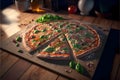 Round pizza with cheese, basil, chicken, spices on a wooden kitchen board. Around the decoration with vegetables and spices. Side