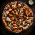 Round pizza with cheese, chicken, sauce, Spices on a wooden kitchen board. Around the decoration with vegetables and spices. Top