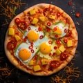 Round pizza with cheese, egg, tomatoes, spices.Around decorations with vegetables and spices. Top view Royalty Free Stock Photo