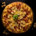 Round pizza with cheese, meat, spices.Around decorations with vegetables and spices. Top view