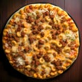Round pizza with cheese, meat, spices. Top view