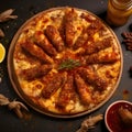 Round pizza with cheese, meat, spices on a wooden kitchen board. Decorations of vegetables and spices all around. Top view