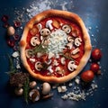 Round pizza with cheese, mushrooms, onions, spices.Around decorations with vegetables and spices. Top view