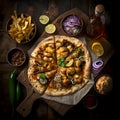 Round pizza with cheese, onions, chicken spices on a wooden kitchen board. Around the decoration with vegetables and spices. View
