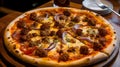Round pizza with cheese, onions, meat, spices on a wooden kitchen board. Side view