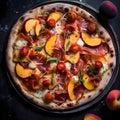 Round pizza with cheese, peaches, tomatoes, ham, spices on a plate.Decorations of vegetables and spices all around. Top view