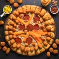 Round pizza with cheese, salami, meat, pumpkin spices on a wooden kitchen board. Decorations of vegetables and spices all around.