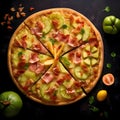 Round pizza with cheese, salami, tomatoes, pumpkin spices.Decorations of vegetables and spices all around. Top view