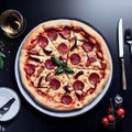 A round pizza with cheese and tomatoes