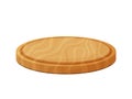 Round pizza cutting board. Wooden natural eco-friendly dish. Kitchenware comfortable wood utensil. Vector illustration