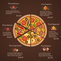 Round pizza with different sort slices and ingredients in flat vector style Royalty Free Stock Photo