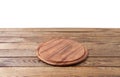 Round pizza food cutting board on brown wooden table isolated on white background. Wood tray plate and table top view. Empty copy Royalty Free Stock Photo