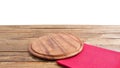 Round pizza food cutting board and table cloth red napkin on brown wooden table isolated on white background. Wood tray plate Royalty Free Stock Photo