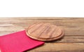 Round pizza food cutting board and tablecloth red napkin on brown wooden table isolated on white background. Wood tray plate Royalty Free Stock Photo