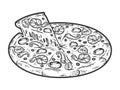Round pizza with seafood. Sketch scratch board imitation. Black and white.