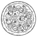 Round pizza. Sketch scratch board imitation. Black and white.