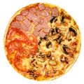 Round pizza with tomatoes, mushrooms and cheese on white background Royalty Free Stock Photo