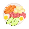 Round plate with chopped sausage, egg and vegetables. Vector illustration.