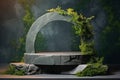 Round platform for product display in a scenic rock garden with flowers