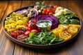 a round platter loaded with colorful grilled veggies under natural light