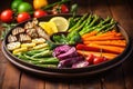 a round platter loaded with colorful grilled veggies under natural light