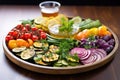 a round platter loaded with colorful grilled veggies under natural light