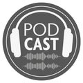 Round podcast icon or logo with headphones and audio waveform