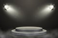 Round podium with backlight on abstract background with smoke