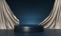 Round podium on dark blue background. Elegant silk fabric flow, curtain falls Royalty Free Stock Photo