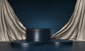 Round podium on dark blue background. Elegant silk fabric flow, curtain falls Royalty Free Stock Photo