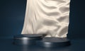 Round podium on dark blue background. Elegant silk fabric flow, curtain falls Royalty Free Stock Photo