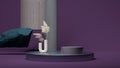 Round podium display near levitating stone, pampas grass in geometric vase on bright violet background. Magic realism