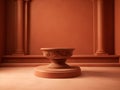 Round podium for elegant presentations on terracota background. Empty space on stone pedestal for mockup template. Generative AI