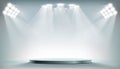 Round podium illuminated by searchlights. Royalty Free Stock Photo